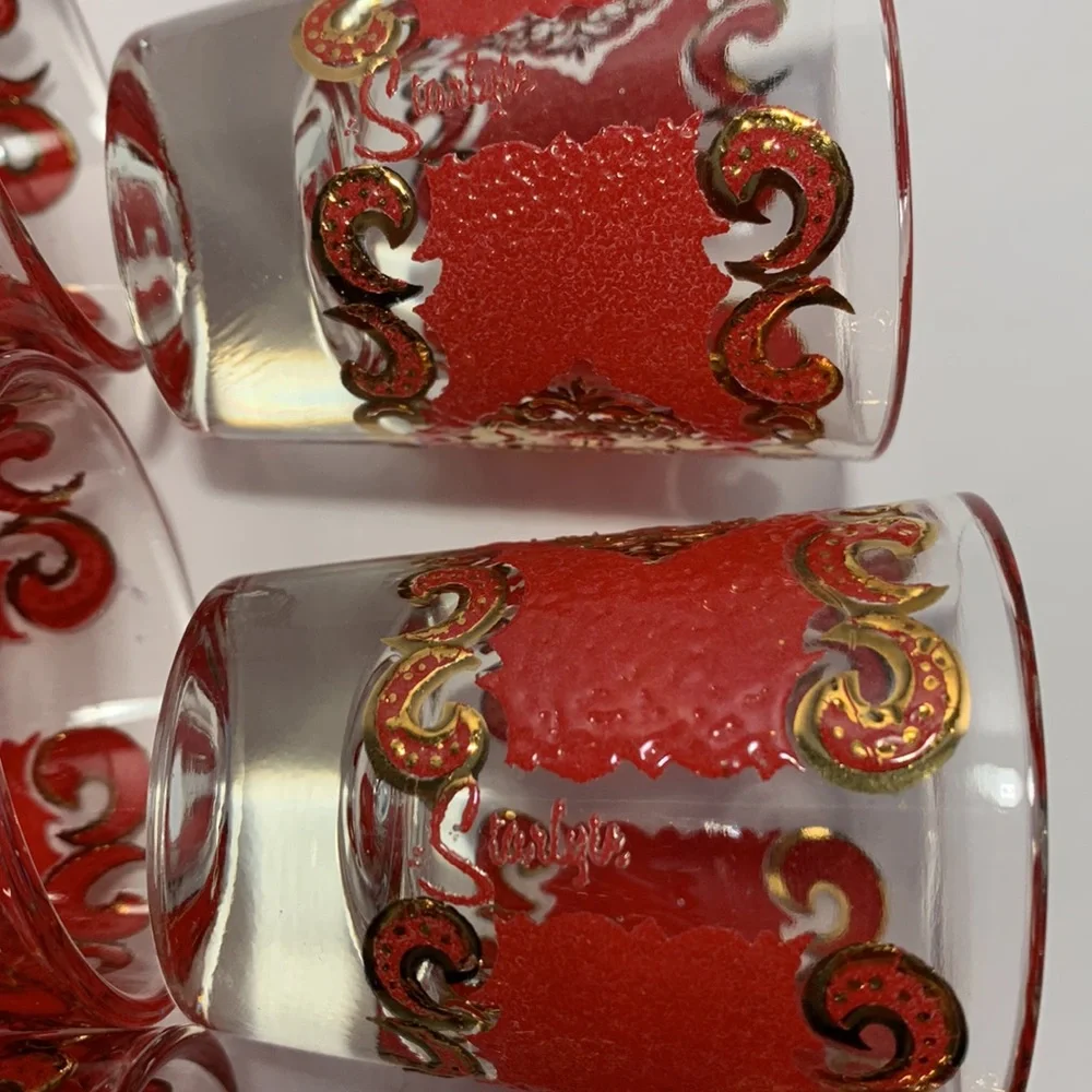 VTG Starlyte Barware Shot Glasses Signed Red and Gold Textured Design Set Of Six